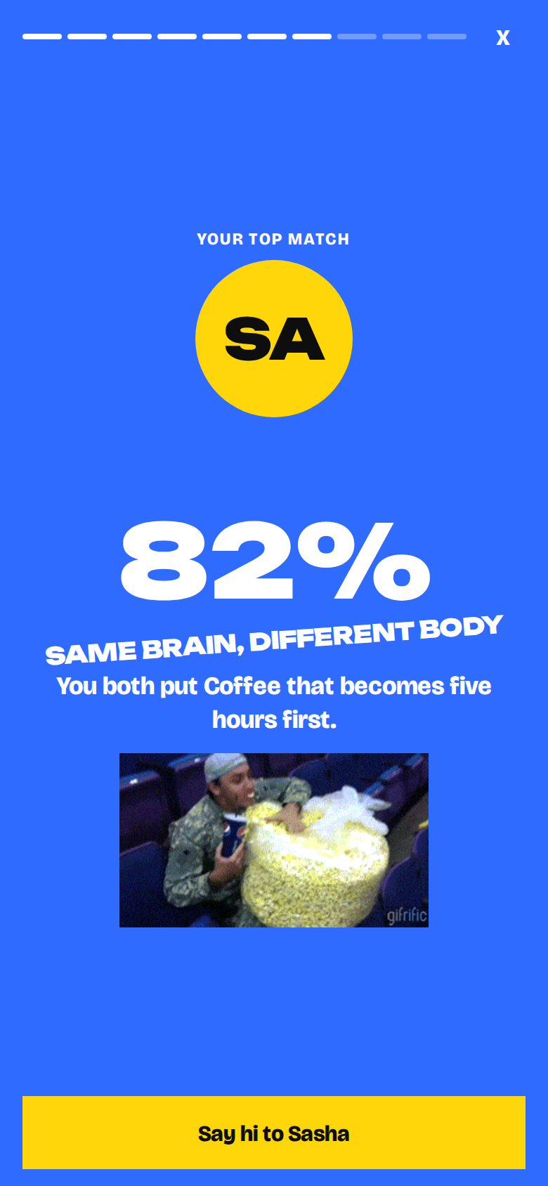 Your top match. Their name, how close you were, and a way to say hi.